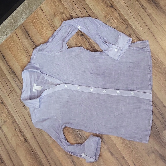 CHICO'S Purple Sheer Crinkle V-neck Roll-Tab Back Peplum Blouse - Picture 2 of 13